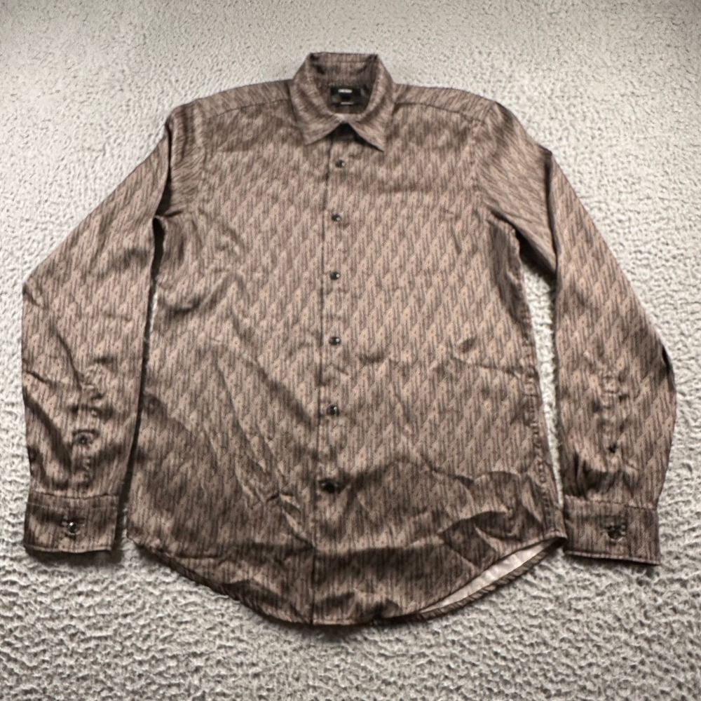 Reiss Monogram Shirt Mens S Brown Long Sleeve Button Up Regular Fit Twill - Picture 2 of 8